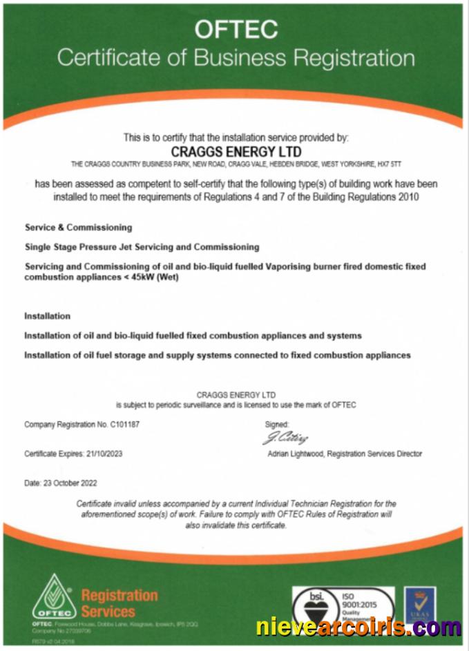 USA OFTEC certificate of registration